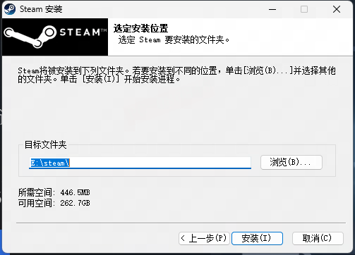 Steam 安装位置选择界面，目标文件夹填写 E:\steam\，显示所需空间 446.5MB、可用空间 262.7GB